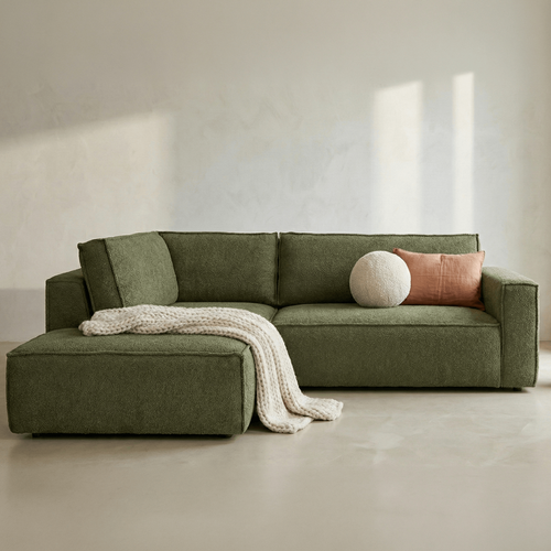 Canapé D'angle Ouvert à Gauche Convertible 3 Places En Tissu Bouclé Vert Olive - Emma