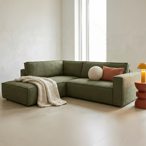Canapé D'angle Ouvert à Gauche Convertible 3 Places En Tissu Bouclé Vert Olive - Emma