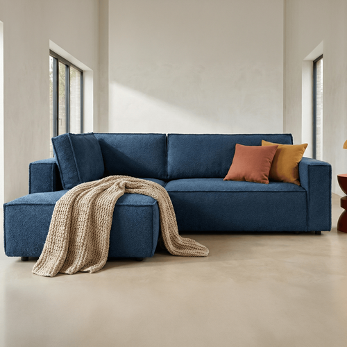 Canapé D'angle Ouvert à Gauche Convertible 3 Places En Tissu Bouclé Bleu Foncé - Emma