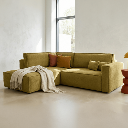 Canapé D'angle Ouvert à Gauche Convertible 3 Places En Tissu Bouclé Jaune Moutarde - Emma