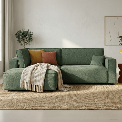 Canapé D'angle Ouvert à Gauche Convertible 3 Places En Tissu Bouclé Vert Foncé - Emma
