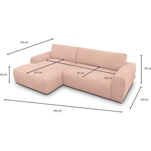 Canapé D'angle Gauche Convertible 3 Places En Velours Côtelé Rose Pâle - Sonny