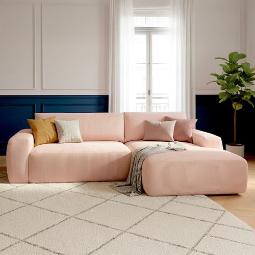 Canapé D'angle Droit Convertible 3 Places En Velours Côtelé Rose Pâle - Sonny