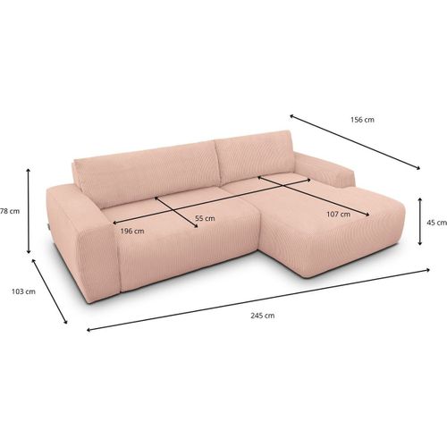 Canapé D'angle Droit Convertible 3 Places En Velours Côtelé Rose Pâle - Sonny