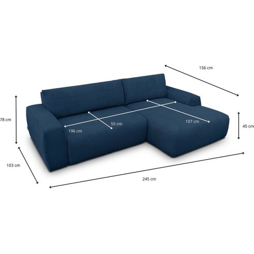 Canapé D'angle Droit Convertible 3 Places En Velours Côtelé Bleu - Sonny