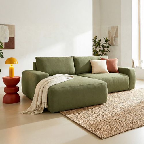 Canapé D'angle Gauche Convertible 3 Places En Tissu Chenille Vert Olive - Sonny