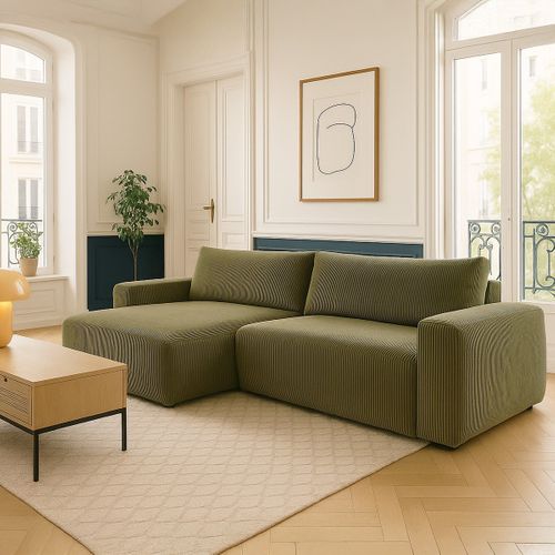 Canapé D'angle Gauche Convertible 3 Places En Velours Côtelé Vert Kaki - Sonny