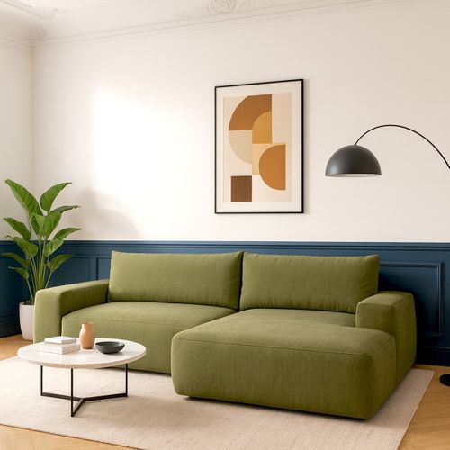 Canapé D'angle Droit Convertible 3 Places En Tissu Chenille Vert Olive - Sonny