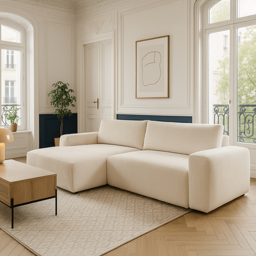 Canapé D'angle Droit Convertible 3 Places En Velours Côtelé Beige - Sonny