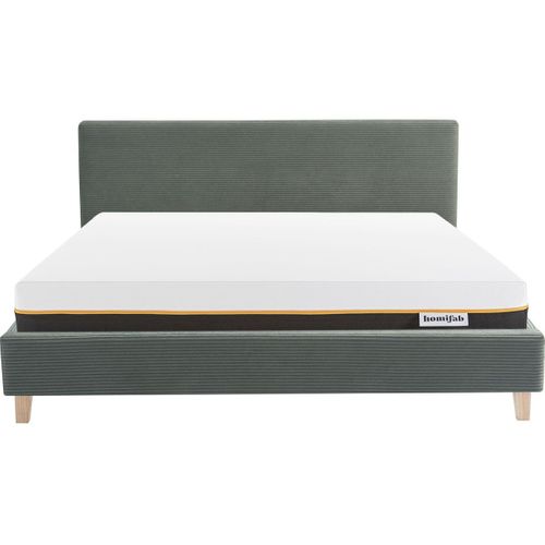 Ensemble Lit Adulte 140x190 - Tête De Lit En Velours Côtelé Vert - Milo + Matelas Mousse