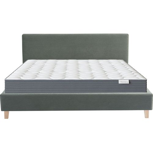 Ensemble Lit Adulte 140x190 - Tête De Lit En Velours Côtelé Vert - Milo + Matelas Mousse