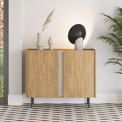 Buffet 2 Portes Décor Chêne Et Vert 100 Cm - Ingo