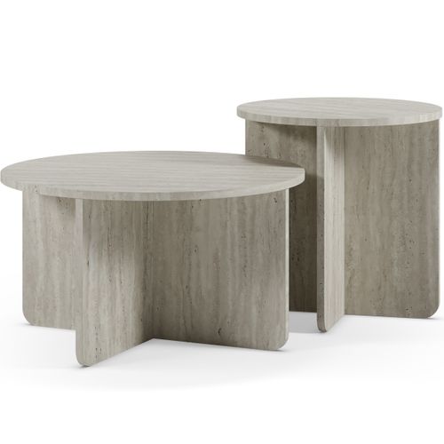 Set De 2 Tables Basses Rondes Décor Travertin - Mina