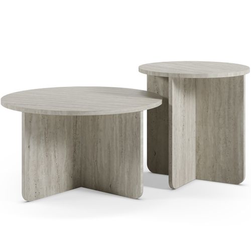 Set De 2 Tables Basses Rondes Décor Travertin - Mina