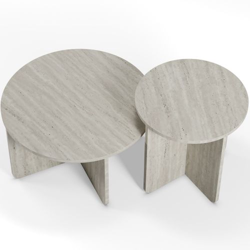 Set De 2 Tables Basses Rondes Décor Travertin - Mina