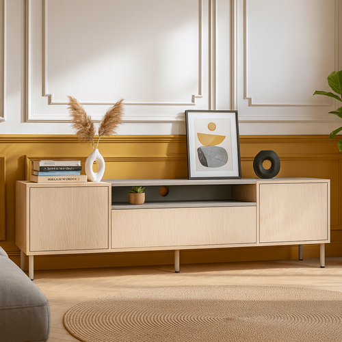 Meuble TV 3 Portes Chêne Clair Et Vert 180 Cm - Amos