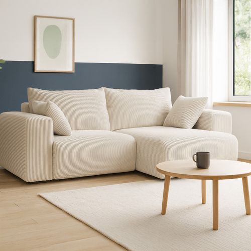 Canapé D'angle Convertible Réversible 3 Places En Velours Côtelé Beige - Amara