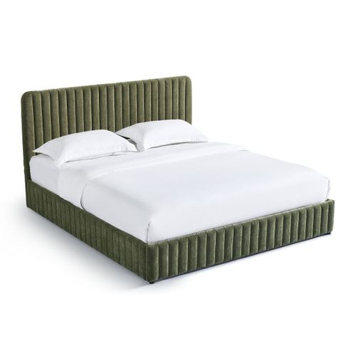 Lit Coffre Adulte 180x200 Cm Avec Tête De Lit Capitonnée En Tissu Chenille Vert Kaki - Alto