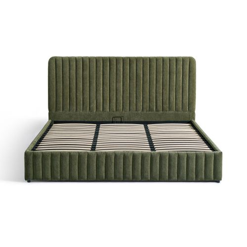 Lit Coffre Adulte 180x200 Cm Avec Tête De Lit Capitonnée En Tissu Chenille Vert Kaki - Alto