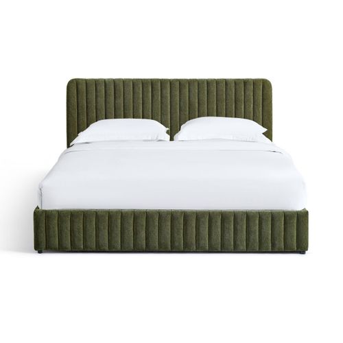 Lit Coffre Adulte 180x200 Cm Avec Tête De Lit Capitonnée En Tissu Chenille Vert Kaki - Alto