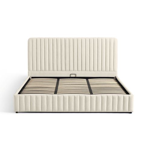 Lit Coffre Adulte 180x200 Cm Avec Tête De Lit Capitonnée En Tissu Chenille Beige - Alto