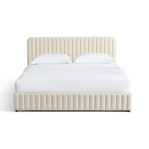 Lit Coffre Adulte 180x200 Cm Avec Tête De Lit Capitonnée En Tissu Chenille Beige - Alto