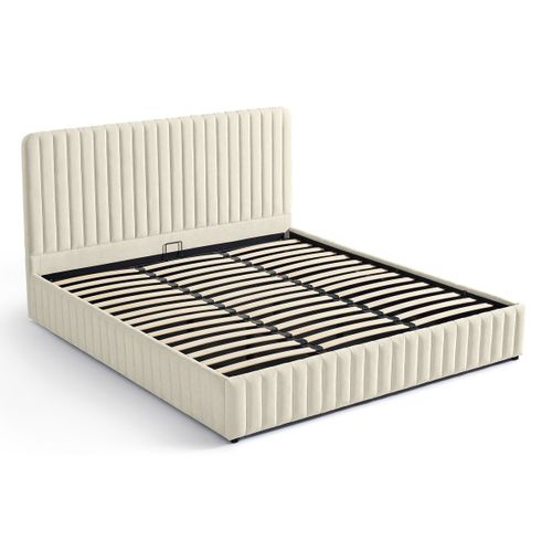 Lit Coffre Adulte 180x200 Cm Avec Tête De Lit Capitonnée En Tissu Chenille Beige - Alto