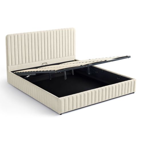 Lit Coffre Adulte 180x200 Cm Avec Tête De Lit Capitonnée En Tissu Chenille Beige - Alto