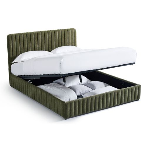 Lit Coffre Adulte 160x200 Cm Avec Tête De Lit Capitonnée En Tissu Chenille Vert Kaki - Alto