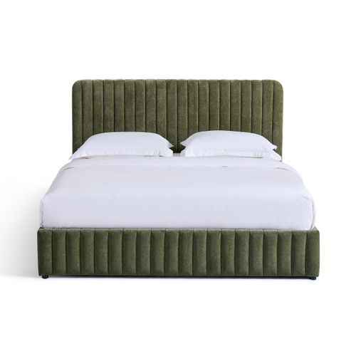 Lit Coffre Adulte 160x200 Cm Avec Tête De Lit Capitonnée En Tissu Chenille Vert Kaki - Alto