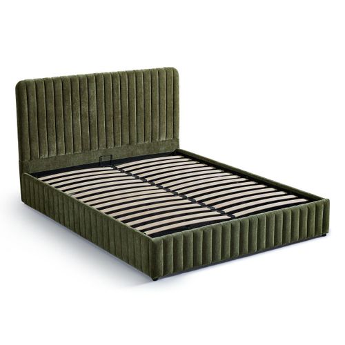 Lit Coffre Adulte 160x200 Cm Avec Tête De Lit Capitonnée En Tissu Chenille Vert Kaki - Alto