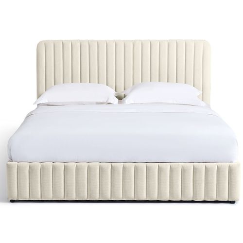 Lit Coffre Adulte 160x200 Cm Avec Tête De Lit Capitonnée En Tissu Chenille Beige - Alto