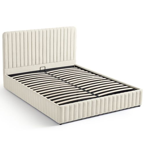 Lit Coffre Adulte 160x200 Cm Avec Tête De Lit Capitonnée En Tissu Chenille Beige - Alto