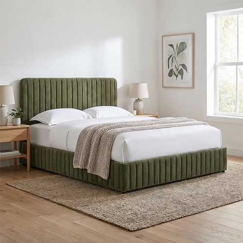 Lit Coffre Adulte 140x190 Cm Avec Tête De Lit Capitonnée En Tissu Chenille Vert Kaki - Alto