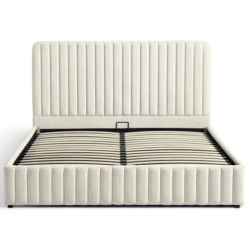 Lit Coffre Adulte 140x190 Cm Avec Tête De Lit Capitonnée En Tissu Chenille Beige - Alto