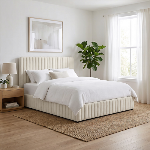 Lit Coffre Adulte 140x190 Cm Avec Tête De Lit Capitonnée En Tissu Chenille Beige - Alto