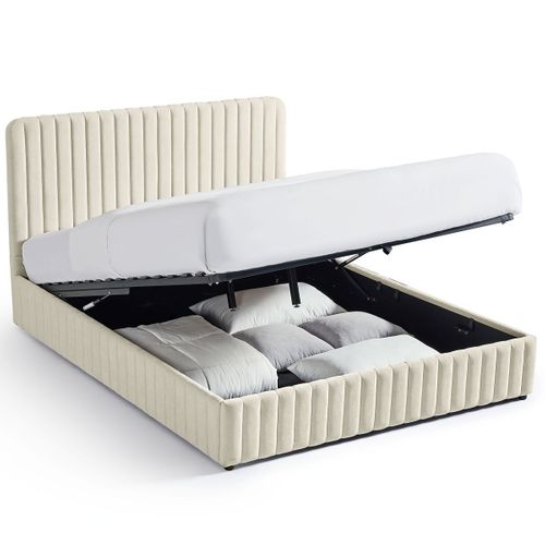 Lit Coffre Adulte 140x190 Cm Avec Tête De Lit Capitonnée En Tissu Chenille Beige - Alto
