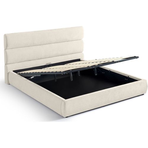 Lit Coffre Adulte 180x200 Cm Avec Tête De Lit Capitonnée En Tissu Chenille Beige - Simon