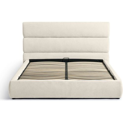 Lit Coffre Adulte 160x200 Cm Avec Tête De Lit Capitonnée En Tissu Chenille Beige - Simon