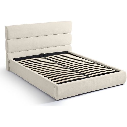 Lit Coffre Adulte 160x200 Cm Avec Tête De Lit Capitonnée En Tissu Chenille Beige - Simon