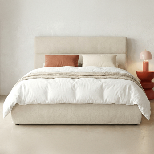 Lit Coffre Adulte 140x190 Cm Avec Tête De Lit Capitonnée En Tissu Chenille Beige - Simon