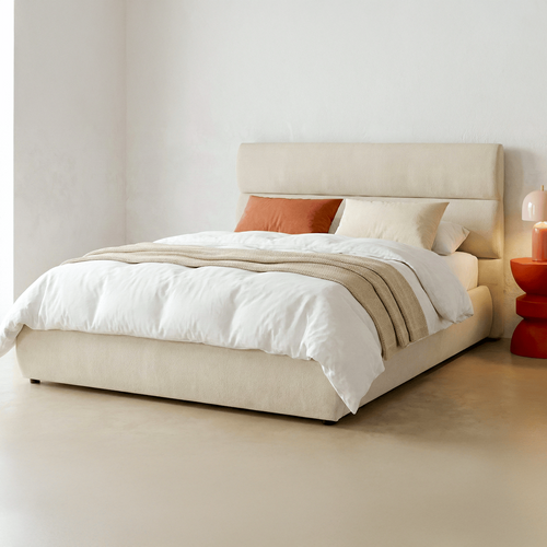 Lit Coffre Adulte 140x190 Cm Avec Tête De Lit Capitonnée En Tissu Chenille Beige - Simon