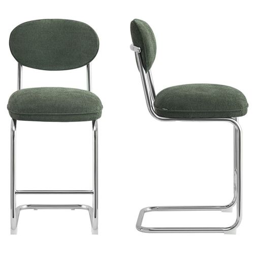 Lot De 2 Tabourets De Bar En Tissu Chenille Vert, Piètement Chromé - Lou