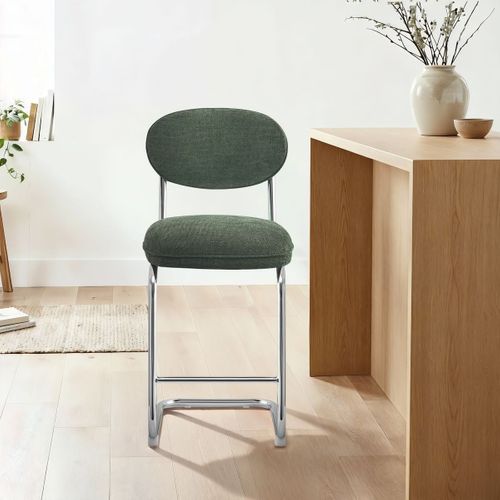 Lot De 2 Tabourets De Bar En Tissu Chenille Vert, Piètement Chromé - Lou