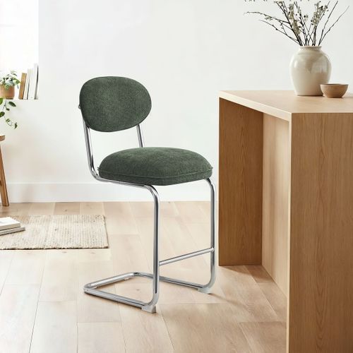 Lot De 2 Tabourets De Bar En Tissu Chenille Vert, Piètement Chromé - Lou