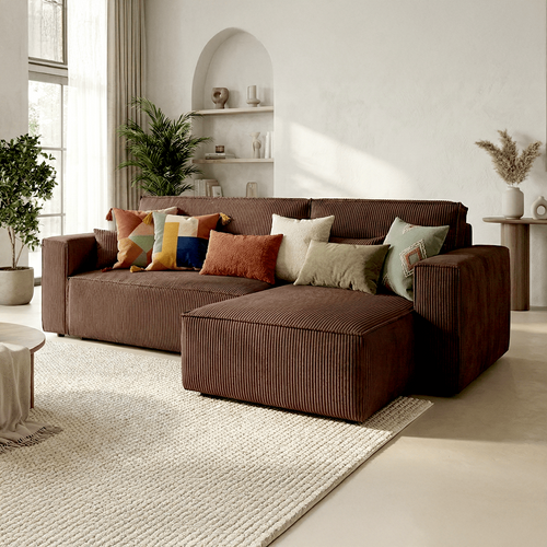 Canapé D'angle Convertible Réversible 4 Places En Velours Côtelé Moka - Livia