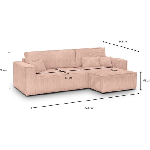 Canapé D'angle Convertible Réversible 4 Places En Velours Côtelé Rose Pâle - Livia