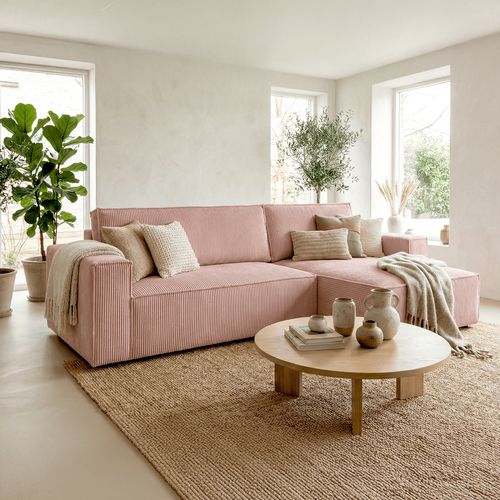 Canapé D'angle Convertible Réversible 4 Places En Velours Côtelé Rose Pâle - Livia