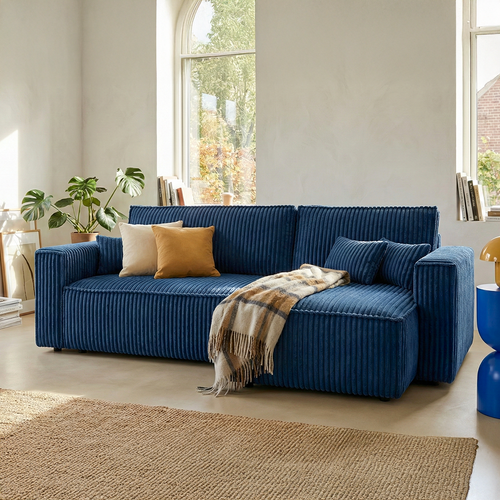 Canapé D'angle Convertible Réversible 4 Places En Velours Côtelé Bleu - Livia