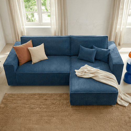 Canapé D'angle Convertible Réversible 4 Places En Velours Côtelé Bleu - Livia